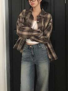 女士秋冬新品畅销休闲复古舒适棉质格子长袖外套 - 咖啡棕 - 查看 3