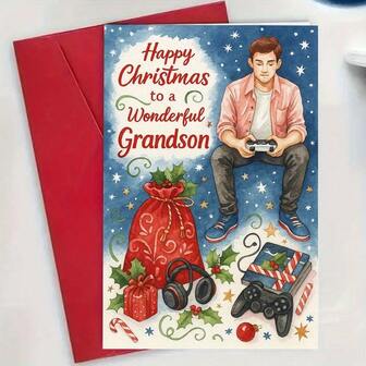 1 张送给孙子的圣诞贺卡 - 游戏主题节日问候，带有信封和留言空间，节日游戏玩家设计，带有礼物和星星，祖父母给年轻游戏玩家的真挚礼物，理想的圣诞礼物和对新游戏机/平板电脑的温馨祝福（纸卡），贺卡，圣诞贺卡，结婚贺卡，搞笑圣诞贺卡，法式情侣圣诞贺卡，结婚贺卡，搞笑/生日贺卡
