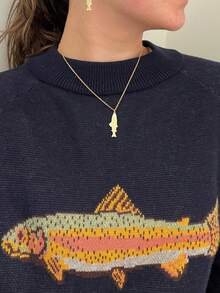 Women's Loose Crewneck Pullover Sweater - Front Rainbow Trout Fish Graphic - Cozy Fall/Winter Sweater - 藏蓝色 - 查看 1