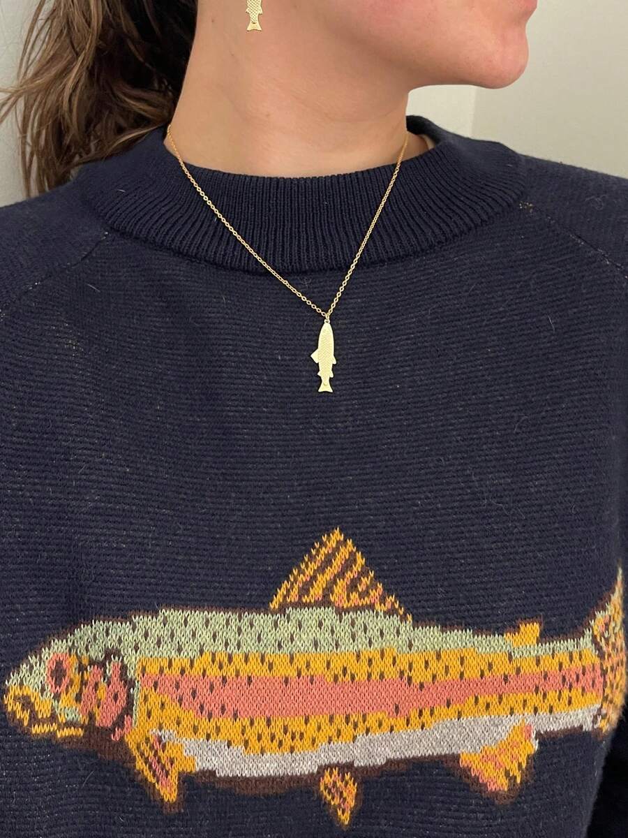 Women's Loose Crewneck Pullover Sweater - Front Rainbow Trout Fish Graphic - Cozy Fall/Winter Sweater - 藏蓝色 - 查看 1