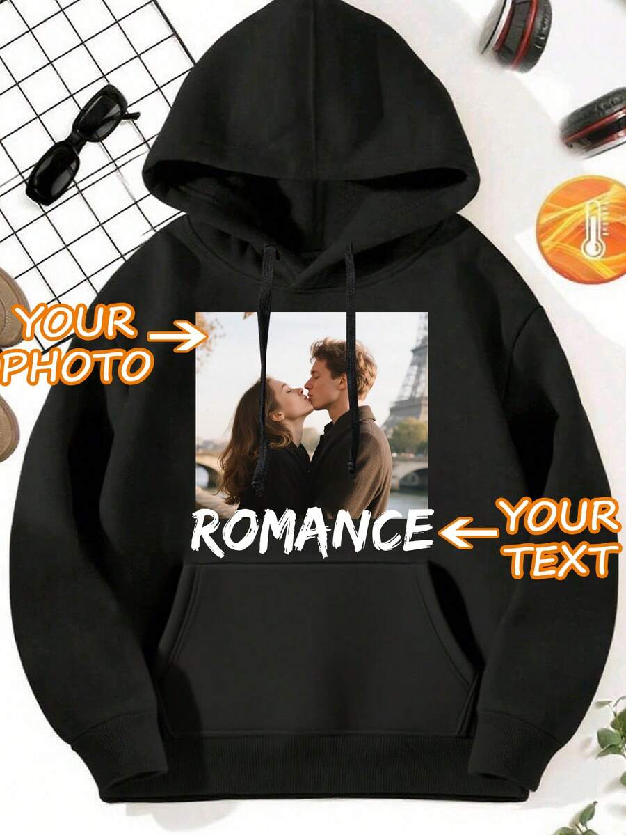 Customized Photo & Text Men's Hoodie Sweatshirt, Upload Your Own Image - Landscape/Anime/Lover/Family/Pet/Friend, Add Text - Name/Blessing/Holiday/Anniversary, Personalized Gift For Birthday, Valentine's Day, Father's Day, Party, Winter Fleece Hoodie