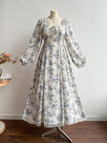 Rusttydustty 女士浪漫法式乡村风格印花长袖连衣裙，收腰设计，适合网络星期一、圣诞节、感恩节和新年等节日派对穿着。