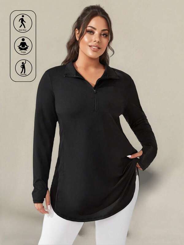 Plus Size Women Christmas Sports Sweatshirt, Long Sleeve Running Outdoor Hoodie With Half Zip Collar