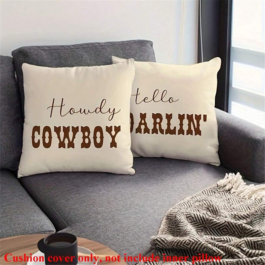 2pcs Western Cowboy Letter Throw Pillow Covers, 17.7x17.7 Inches - Soft Polyester, Easy Care, No Battery Required, Great For Living Room, Bedroom, Office And Dining Room Decor, Ideal Gift For Birthday And Holidays (No Pillow Insert) - Beige - View 1