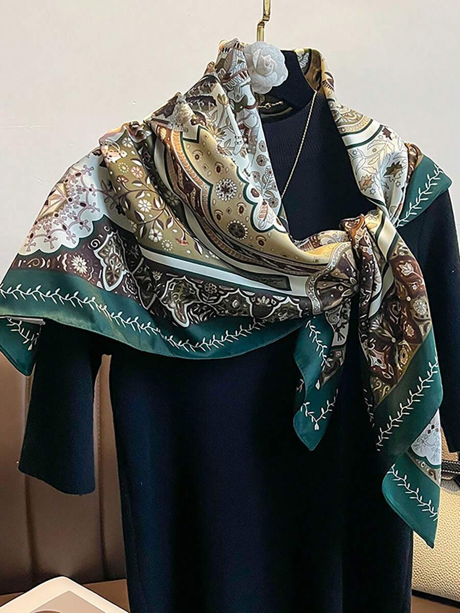 1 lenço quadrado com estampa floral da moda, estilo boêmio casual, feito de fibra de poliéster - Verde - Ver 1
