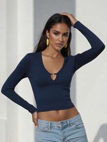 Women Solid Long Sleeve Shirts Slim Fit Deep V Neck Cut Out Crop Tops For Spring Fall Streetwear - Navy - View 2