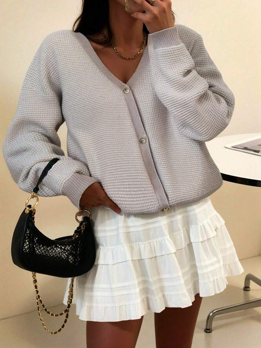 Cardigan feminino de manga comprida com estampa xadrez de outono e botão frontal, decote em V, blusa de manga comprida