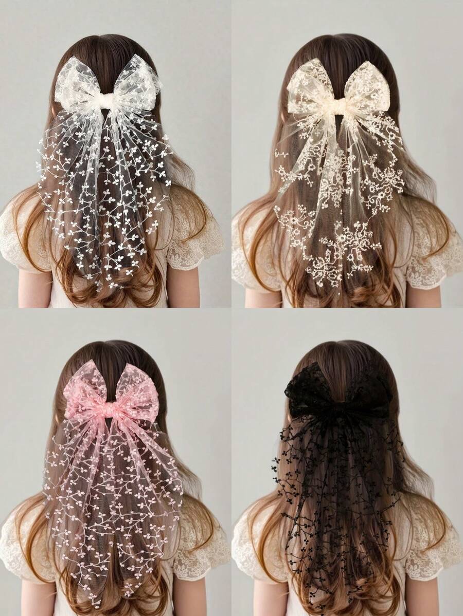 1pc Lace Embroidered Bow Headband, Chiffon Ribbon Hair Clip, Versatile Hair Accessory Suitable For Photoshoot, Travel, Wedding - Multicolor - View 1