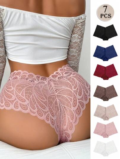 7 pièces Culottes sexy en dentelle semi-transparente à taille basse pour femmes, patchwork en plusieurs couleurs