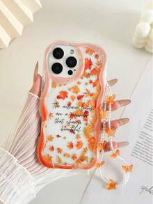 Cream Textured Wavy Edge Gloss Oil Letter Slogan Maple Leaf Painted Anti-Drop Phone Case With Handmade Beaded Bracelet, Compatible With IPhone 17pro/17Air /17/17promax16/11/16pro/16plus/16promax/16e/15Promax/13/14/12/XS/XR/7G/8P, Galaxy S25/S25PLUS/S25 Ultra/A16/A36/A26/A56/A50/A12/A32, 11/12Pro/12/12X/13Pro/14Pro/15Pro/, Redmi 10/9/Note9/12c/Note11pro/Note8Pro