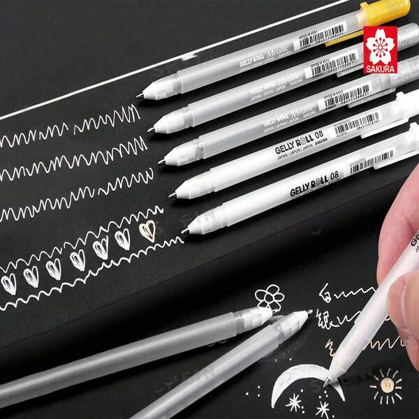 1/3/6/12pcs White SAKURA Gelly Roll Classic Pens, Broad Tip, White 05-08-10 Refills, Sakura Highlighter Drawing Pens, Art Specialty Highlighter Pens, Outlining Pens, Bullet Journal Watercolor Markers, White Painting Brushes (White, Silver, Gold)