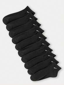 10 Pairs Women Black Color Simple Slash Design All-Match Casual Short Socks Fit For Daily Wear - Black - View 4