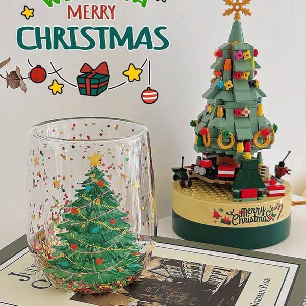1 pieza Taza de vidrio de doble capa con forma de árbol de Navidad, resistente al calor, regalo de Navidad creativo
