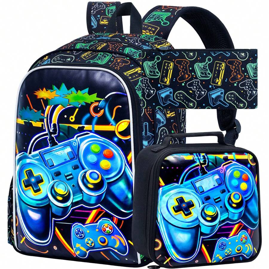 3pcs Backpack For Boys And Girls, Vacation Party Lightweight Large Capacity Roller Game Machine School Bookbag