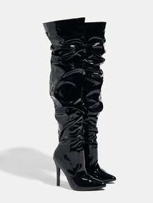 Women's Pointed Toe Side Zipper Stiletto Heel Autumn/Winter Boots, Sexy Nightclub Legging Boots, Over-The-Knee Boots, Leather/Patent Leather Black Boots,High Heels - Black - View 5