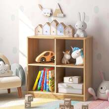 Lifezeal Kids Toy Storage Organizer 4-Cube Wooden Display Bookcase With Anti-Toppling Device - Natural - View 2