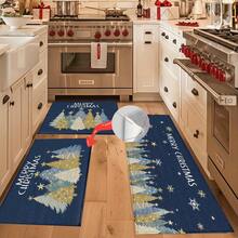 1 pièce Tapis de cuisine, de porte, de salle de bain, de chambre à coucher, de salle à manger, décoration de maison, décoration de fête, décoration de Noël, en matériau imitation cachemire doux avec motif d'arbres de Noël colorés sur fond rouge et bleu, avec support en TPR, long/court - Multicolore - Voir 10