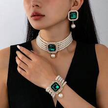 4pcs Luxury Exaggerated Multilayer Faux Pearl, Rhinestone And Crystal Embellished Necklace, Earrings, Bracelet Set, Suitable For Women's Wedding, Party, And Holiday Gifts