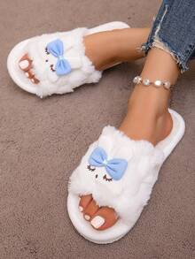 Pantuflas de peluche de conejo con boca abierta, pantuflas de interior para mujer para otoño/invierno, pantuflas esponjosas antideslizantes gruesas aptas para uso en exteriores, dormitorio de estudiantes, zapatos de piel