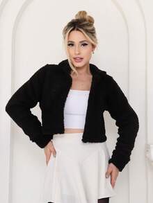 Teddy Jacket, Plush Cropped Coat - màu đen - Xem 6