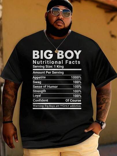 Big Boy Nutritional Facts Printed T-Shirt - 100% Cotton Oversized Men's Casual Streetwear Tee With Humorous Graphic, Machine Washable Novelty Top For Outdoor & Casual Attire, Humorous Apparel |   Short Sleeve Top |   Durable Clothing, PLUS SIZE