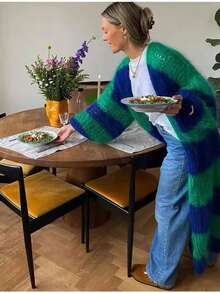 Plus Size Color Block Long Cardigan Sweater, Fashionable Soft Knit Material With Lantern Sleeves - Black And White Striped Long Sleeve Knit Cardigan, Essential For Autumn/Winter, Contrast Color Knit Fabric Ribbed Plus Size Women Cardigan Sweater, Suitable For Holidays, Spring/Autumn - Blue-green - View 4