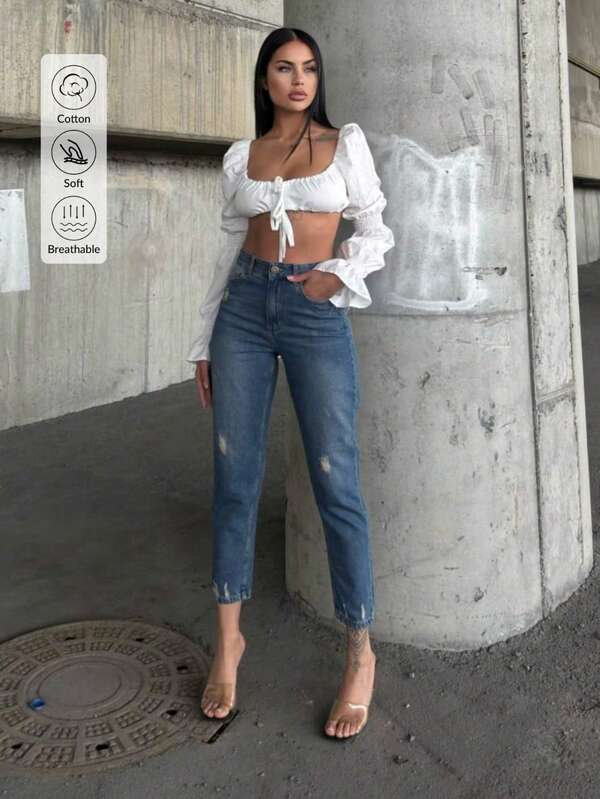 Hoch taillierte Knie Laser zerrissene Freund Mutter Jeans, einfarbig zerstört asymmetrische/asymmetrische Taschen