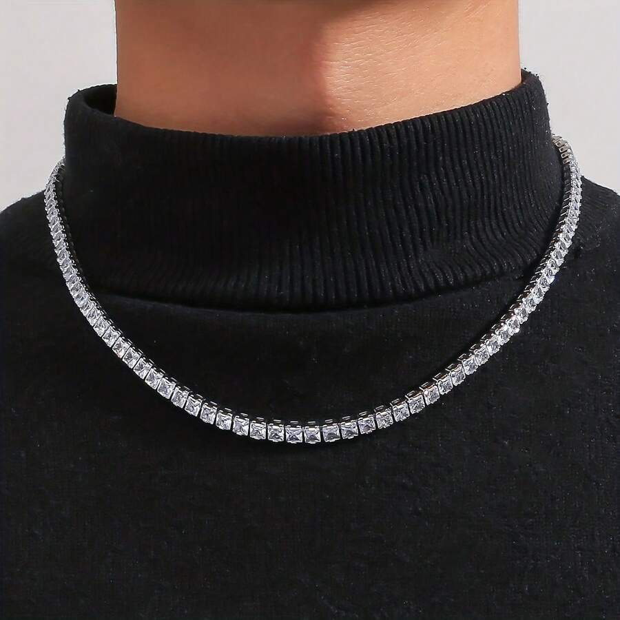 1pc Men's Diamond Necklace, Suitable For Daily Wear - Silver - View 1