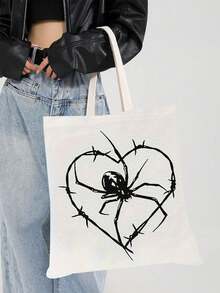 4 piezas, Bolsa de lona con impresión de telarañas y arañas de Halloween a doble cara, bolsa de almacenamiento portátil con estilo gótico y animales de moda, diseño de estilo academia gótica oscura, bolsa de la compra, adecuada para el hogar, compras, viajes, escuela, regalos, 16in*14in