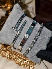 4pcs Luxury Stainless Steel Rhinestone Clover & Star Bangle Bracelet Set, Vintage Elegant Jewelry Suit For Women, Suitable For Daily Wear, Gift, Party, Fashionable Christmas Present - Gold - View 24