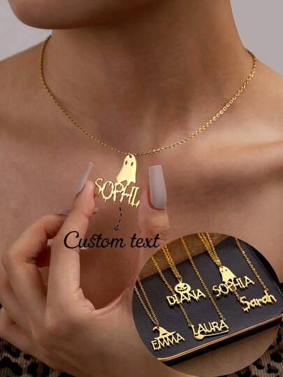 Customized Halloween Name Necklace, Personalized Letter Necklace, Gothic Style Nameplate, Bat & Pumpkin Pendant, Halloween Gift For Men & Women