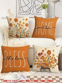 4pcs Orange Floral Pattern Cushion Covers, Single-Sided Printing, Square Pillow Covers For Living Room Sofa Bedroom, Suitable For Spring/Summer Farmhouse Decor, Applicable For All Seasons