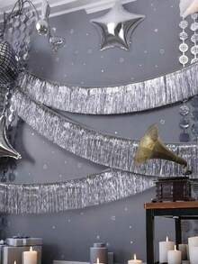 2 Stücke 4 Meter Metall Quastengirlande - Silber Quasten Hintergrund, hängende Quastenkränze, vielseitig einsetzbare Hängedekoration, Metall Quasten Wanddekoration Hängehintergrund Tischröcke, metallische Folie Silber Quasten Fotohintergrund für Paradeumzüge, Weihnachtsdekoration Zuhause, Weihnachten