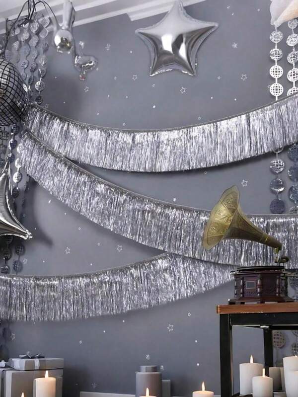 2 piezas Guirnalda de borlas de metal de 13 pies - Telón de fondo de borlas plateadas, corona colgante de borlas, decoración colgante multiusos, decoración de pared de borlas de metal, telón de fondo colgante, falda de mesa, decoración navideña del hogar, Navidad