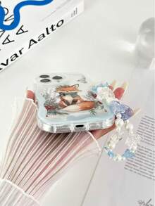 حافظة هاتف مضادة للسقوط مطبوعة بنمط الثعلب الثلجي المموج ذو الحافة المتموجة والملمس الكريمي واللمعان، مع إكسسوار سوار خرزي مصنوع يدويًا