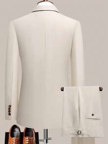 The Latest Men's Solid Color Suit Two-Piece Set With Lapel Collar And Double Breasted Buttons For Four Seasons, Men's Business Suit, Formal Business Casual Wedding Dress - 米色 - 查看 2