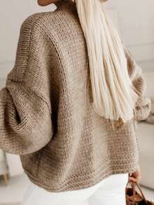 Cárdigan suelto de frente abierto y unicolor elegante para mujer con hombros caídos y mangas farol, chaqueta de suéter casual de punto acanalado de poliéster para uso diario y citas, otoño/invierno