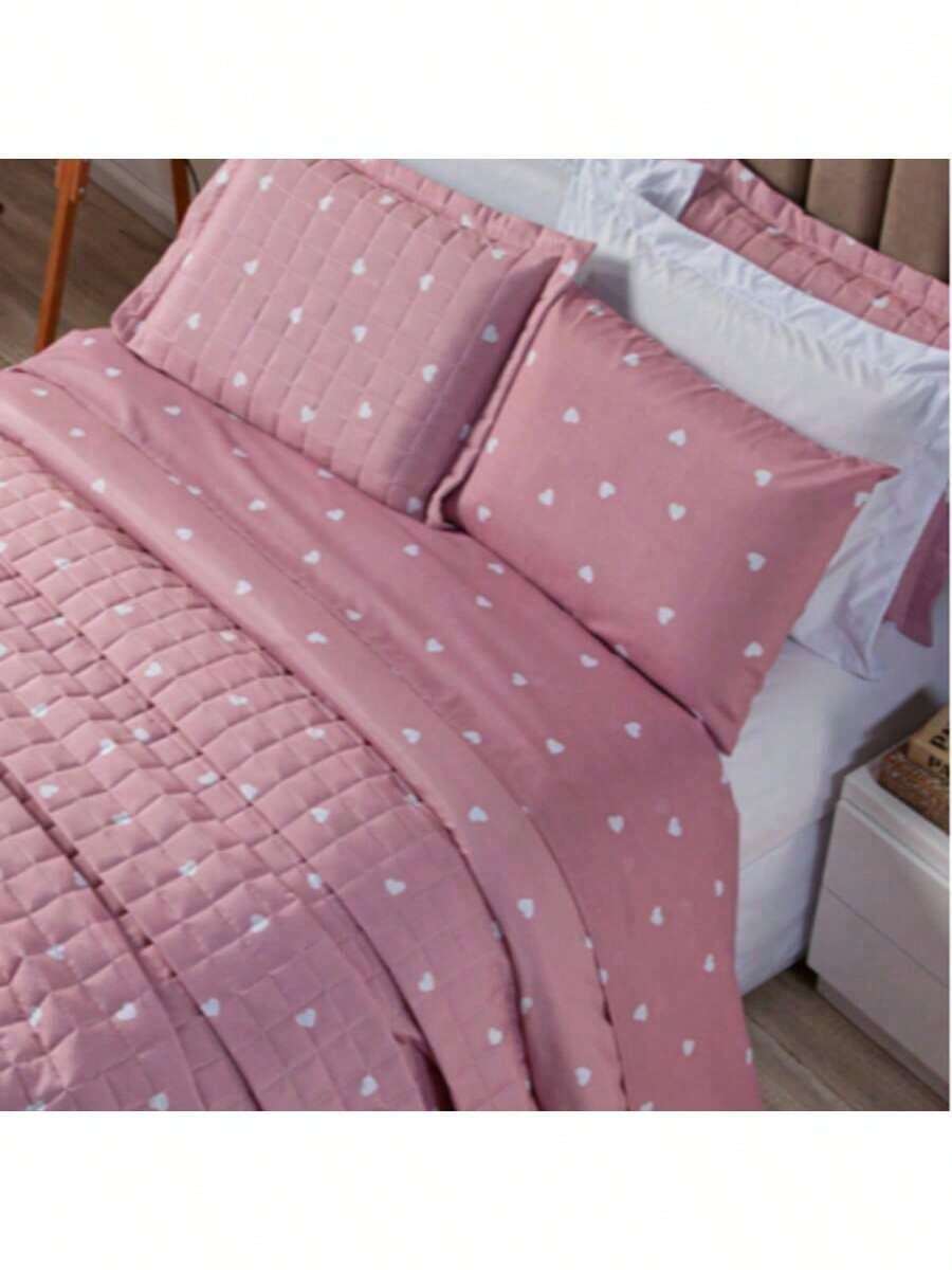 Printed Bed Sheet Set 4 Pieces 100% COTTON Single Double Queen King Palito Stitch - 粉紅心白 - 查看 1