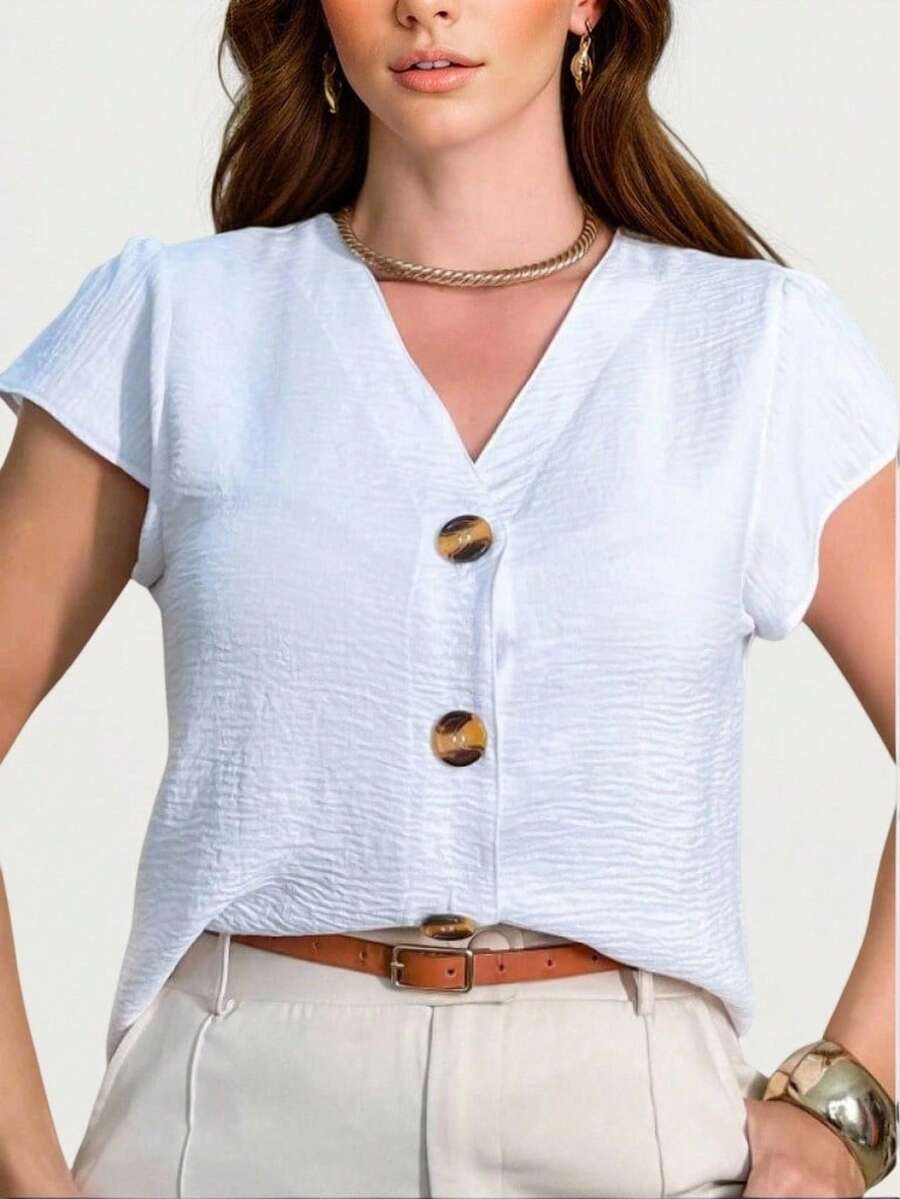 Women's Short Sleeve Shirt Blouse Duna Fabric With Button New 2025 European And American Style - trắng - Xem 1