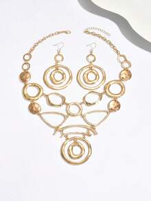 2pcs/Set Autumn/Winter Geometric Asymmetrical Circle & Triangle Patchwork Tassel Necklace & Earrings Elegant Jewelry Set, Metallic Style - Yellow Gold - View 2