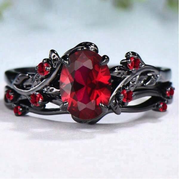1pc Red Stone Electroplated Black Ring, Suitable For Women's Daily Wear