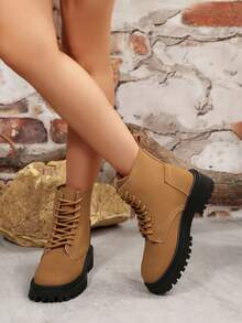 Botas de combate de moda para mujer, con punta redonda, cordones y cremallera lateral, zapatos multiusos para exteriores con suela antideslizante - Marrón - Ver 7