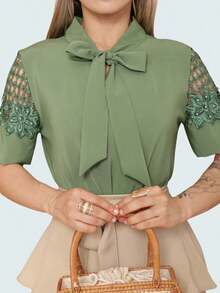 Women's Elegant Short Sleeve Bow Blouse - Green - View 2