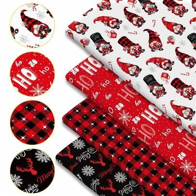 1pc Christmas Series Printed Quilted Fabric, 57x19.68 Inches (145x50 Cm) Polyester Pre-Cut DIY Handmade Crafts, Red/Black Plaid, Reindeer, Snowflake, "Ho Ho" Printed Design, Suitable For Sewing, Patchwork, Scrapbooking, Tablecloth And Crafts