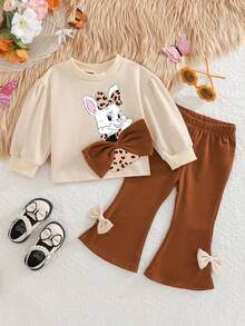 女婴杏色长袖大蝴蝶结上衣和棕色蝴蝶结喇叭裤套装，秋冬 - 杏色 - 查看 1