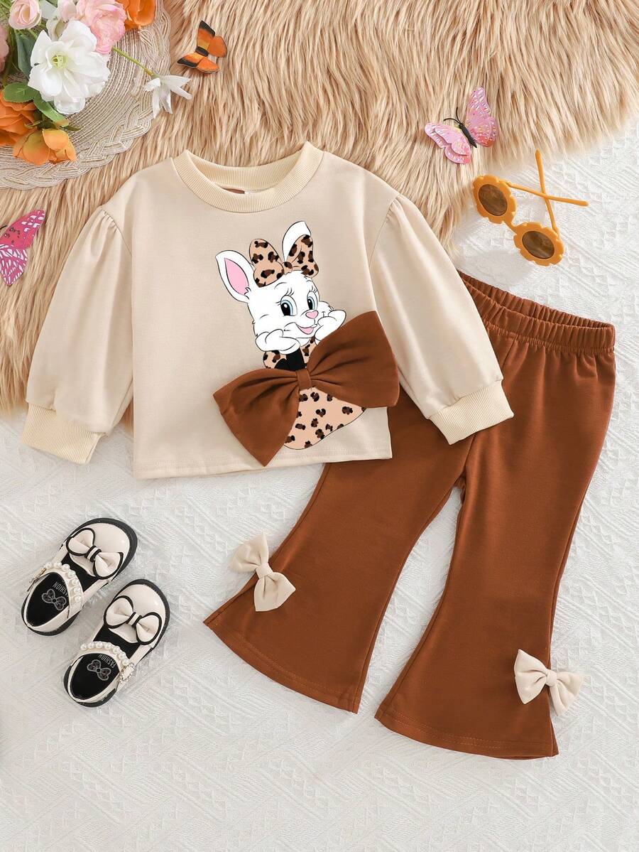 女婴杏色长袖大蝴蝶结上衣和棕色蝴蝶结喇叭裤套装，秋冬 - 杏色 - 查看 1
