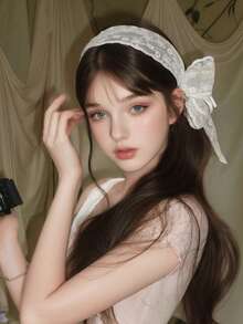 Lace Bow Ribbon Hair Hoop, Elegant Lace Bow Headband Hair Scarf ,High Crown Pressure Headband, Fairy Style Daily Wear Bow Accessories, Vintage Bohemian Style, Versatile Neck And Waist Accessory, Perfect For Fashionable Outfits Women Bandanas Winter Head Scarf