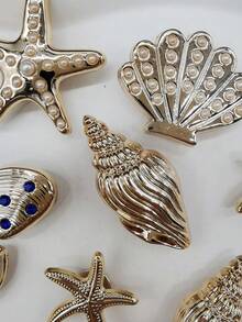 16PCS Golden Ocean Starfish Conch Resin Shoe Charms Bling Rhinestone Scallop Shell Clog Shoe Buckles DIY Decorations Faux Pearl Shoe Clip Accessories - Multicolor 16PCS Style No.267 - View 4