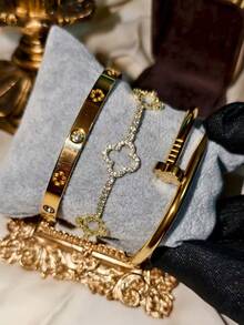 4pcs Luxury Stainless Steel Rhinestone Clover & Star Bangle Bracelet Set, Vintage Elegant Jewelry Suit For Women, Suitable For Daily Wear, Gift, Party, Fashionable Christmas Present - Gold - View 20