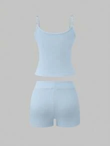 Bộ đồ 2 món AiTyi dành cho nữ, trang phục thể thao thoải mái, thời trang, gợi cảm, phù hợp mặc hàng ngày, tốt nghiệp, trở lại trường, bộ áo hai dây và quần short đa năng - Màu xanh da trời - Xem 8